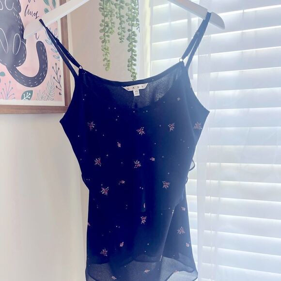 CAbi layered sheer blouse tank.  Navy with floral print. - Picture 4 of 6